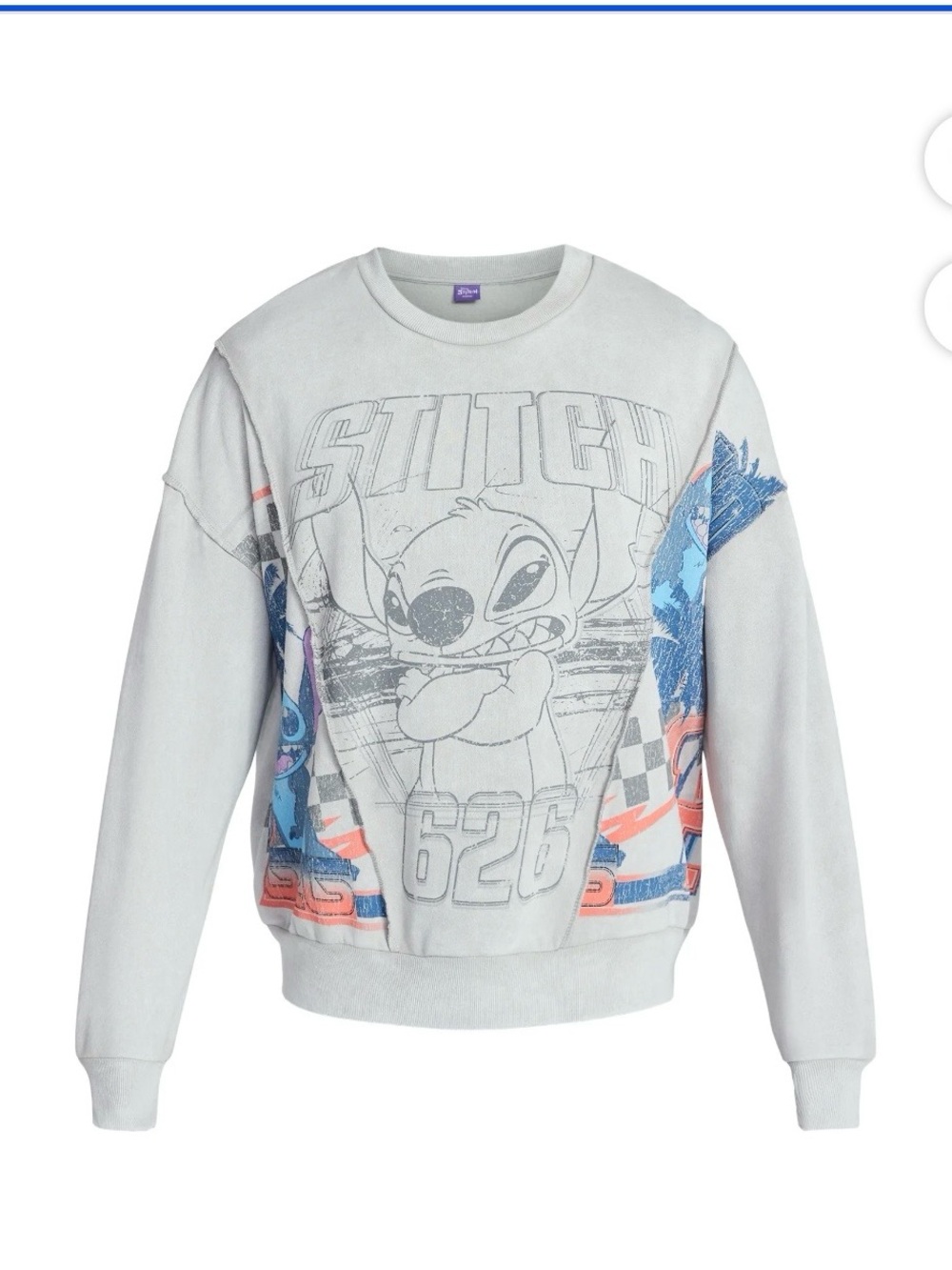 Disney Light Gray Stitch Graphic Crewneck with Blue & Coral Accents